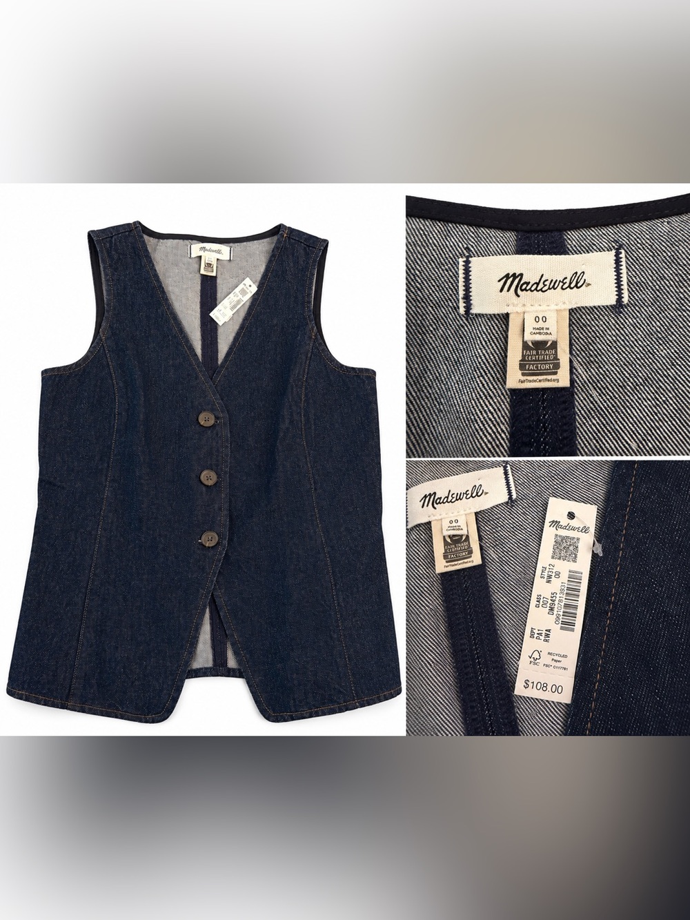 Madewell Denim Cutaway Vest Rinse Wash Size 00 NWT NW312